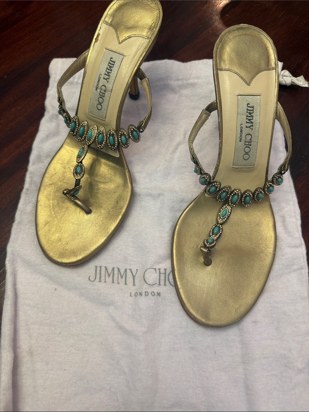 Jimmy Choo Gold T-Strap Heels with Turquoise Gem Accents